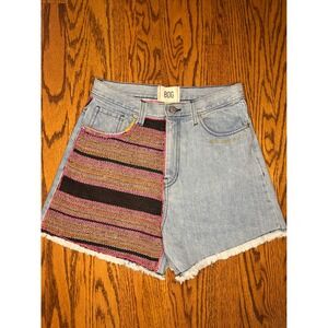 BDG Light Blue Denim Shorts with Multicolor Woven Panel